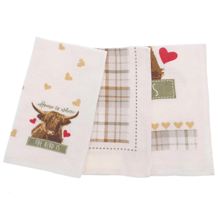 White cotton tea towels set of 3 with highland cow and tartan patterns