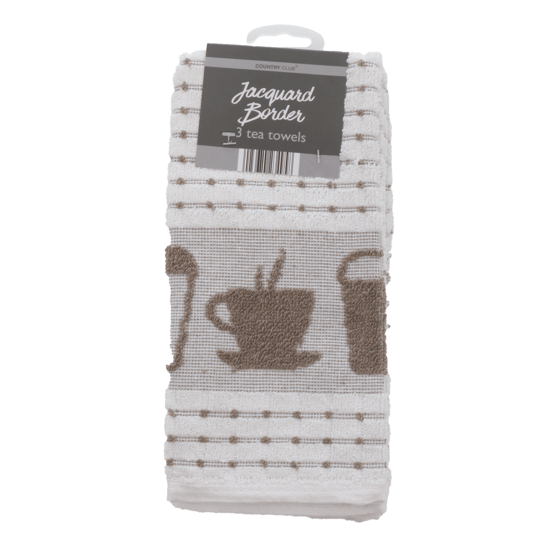 brown coffee cup design border jacquard tea towel