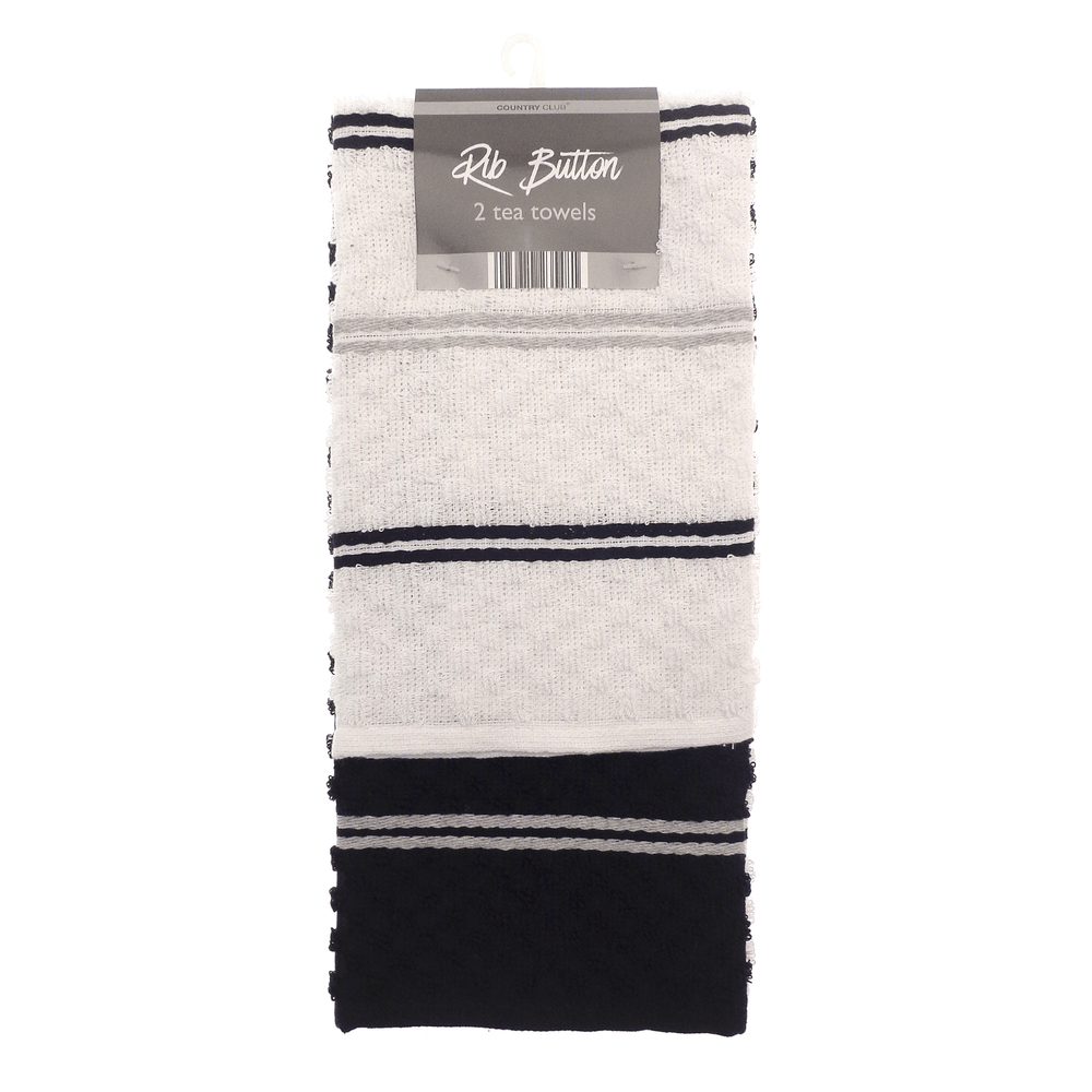 set of 2 rib button black and white striped tea towels