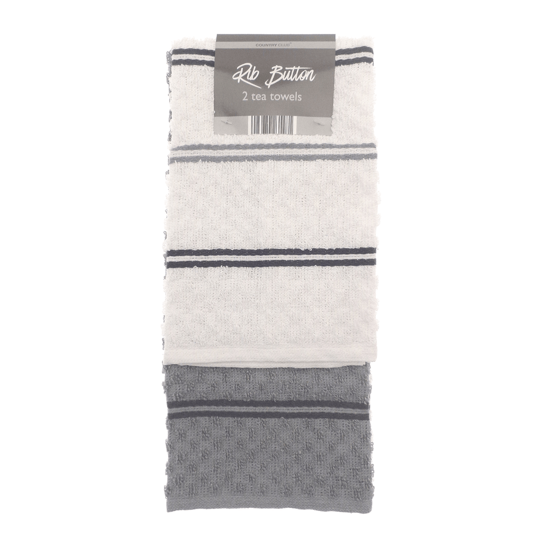 set of 2 rib button grey and white striped tea towels