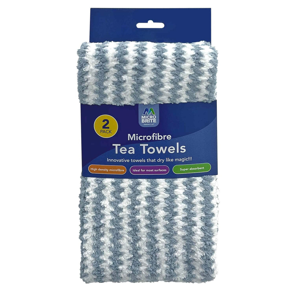 a 2 pack of Microfibre Tea Towels with blue and white wavy stripes pattern on a white background