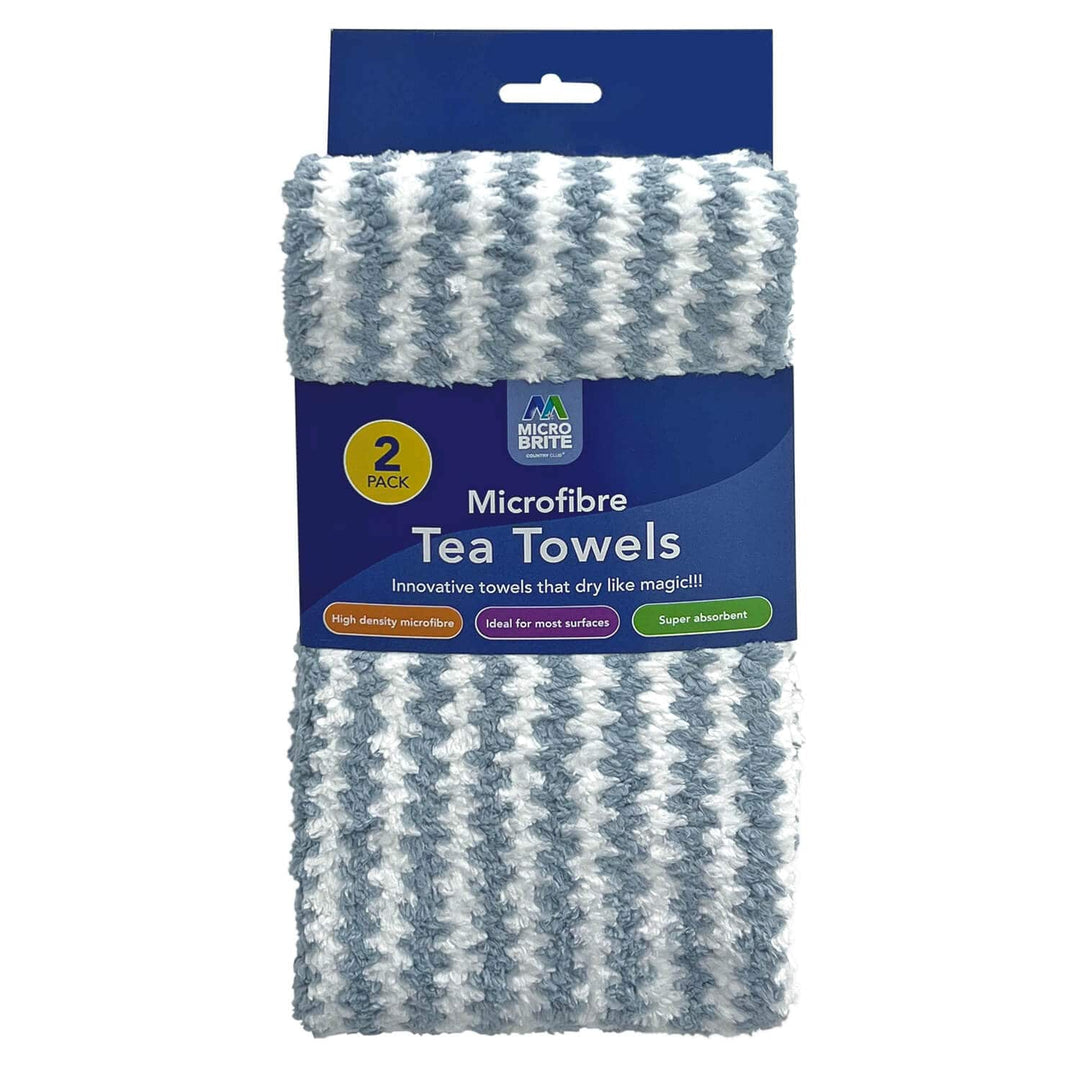 a 2 pack of Microfibre Tea Towels with blue and white wavy stripes pattern on a white background