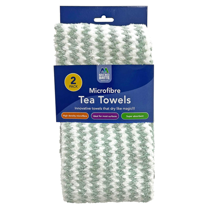 a 2 pack of Microfibre Tea Towels with green and white wavy stripes pattern on a white background
