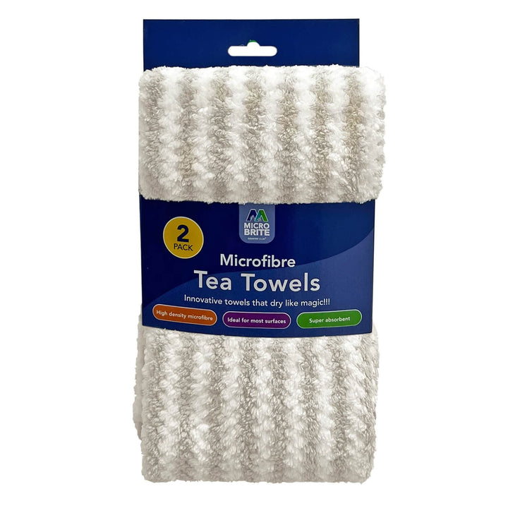 a 2 pack of Microfibre Tea Towels with grey and white wavy stripes pattern on a white background