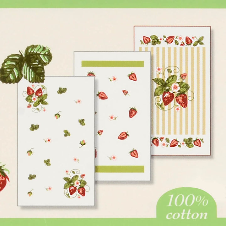 Set of kitchen towels with strawberry patterns on a light background