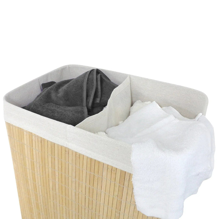 dual compartment laundry basket in natural bamboo, with dark and light clothes sections