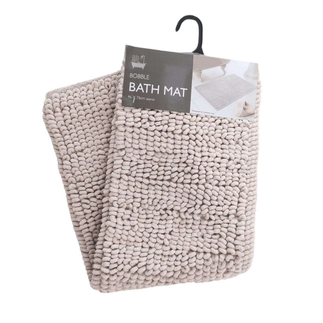 stone colour bobble bath mat with packaging featuring hanging hook