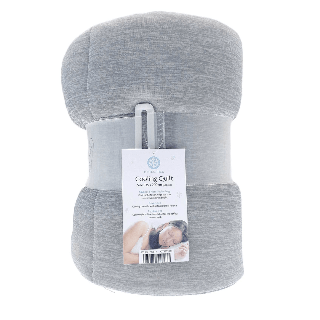 grey colour chill tex cooling quilt with magic band storage roll band on white background