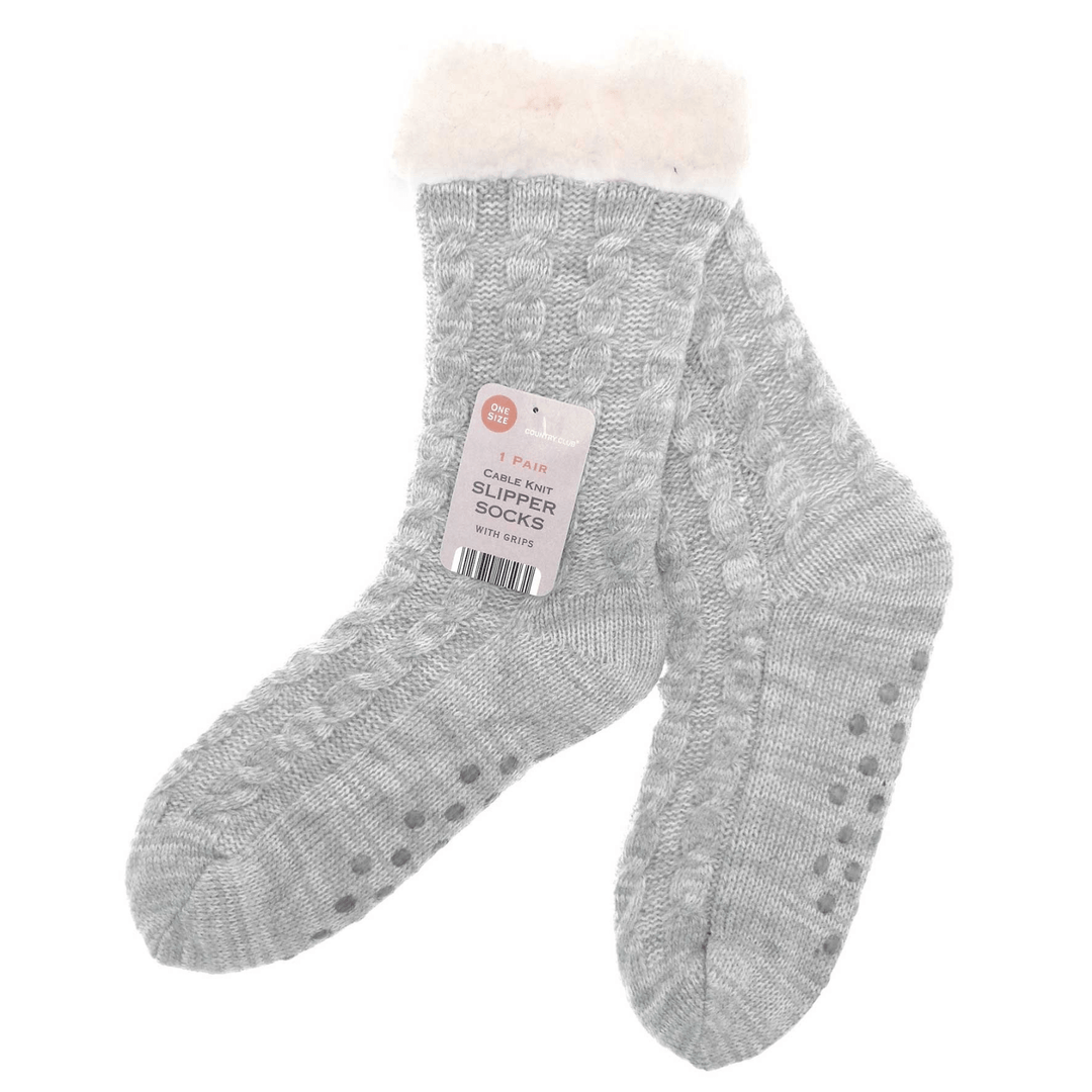 grey cable knit slipper socks with white sherpa fleece lining and grips on the base