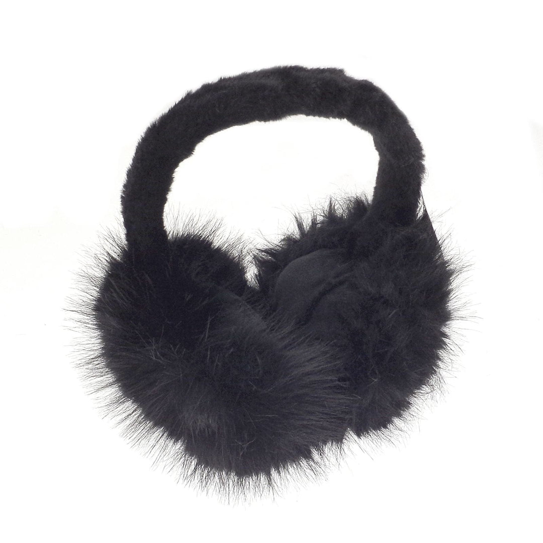 Black faux fur ear muffs on a white background