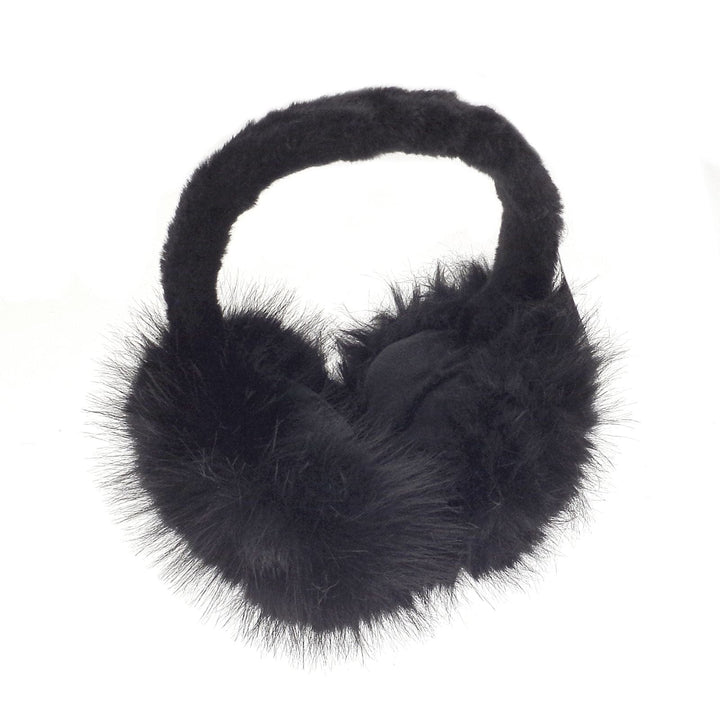 Black faux fur ear muffs on a white background