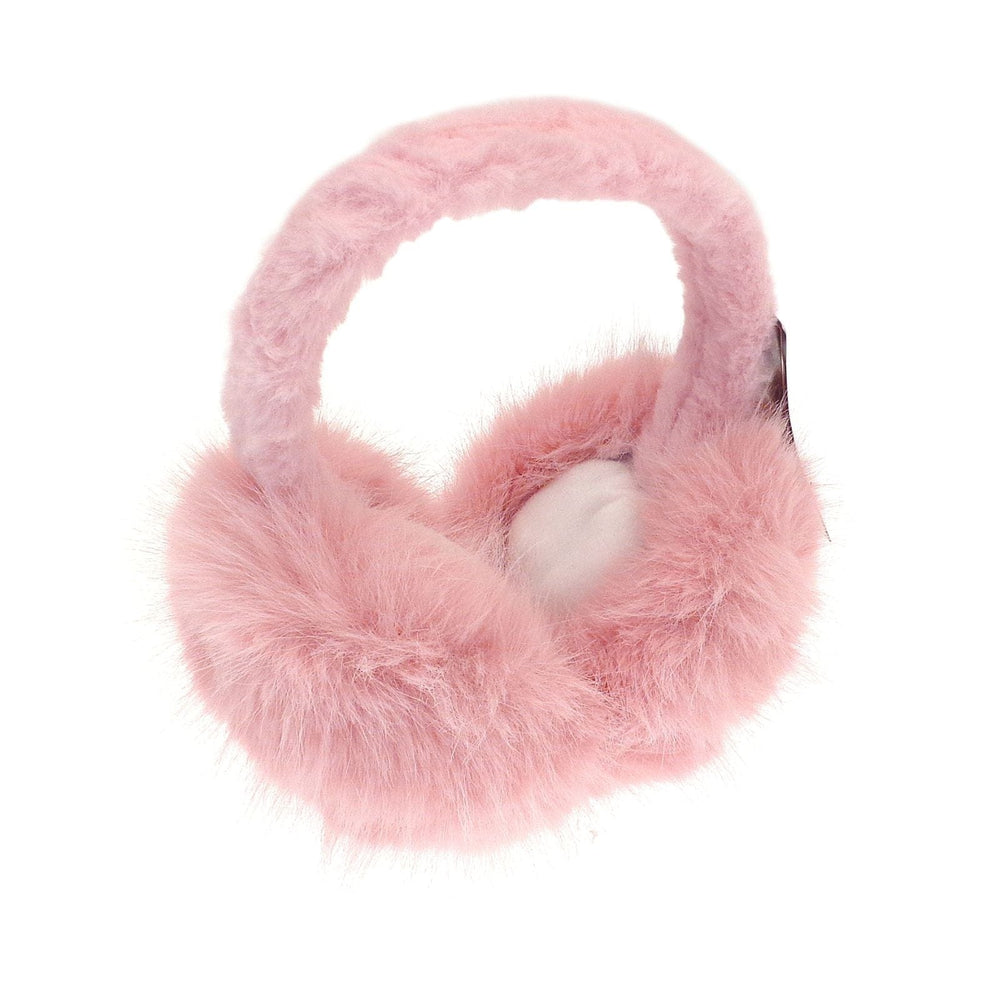 Pink fluffy earmuffs on a white background