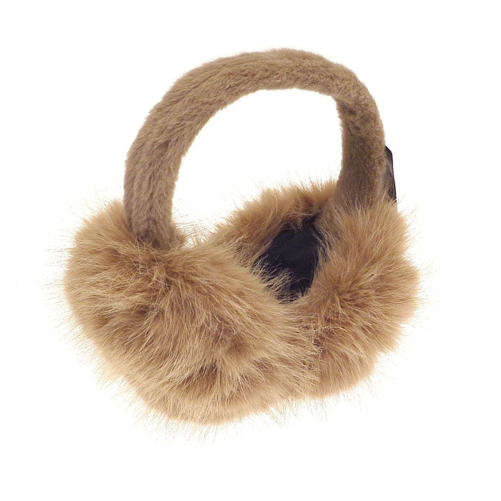 Beige furry ear muffs on a white background