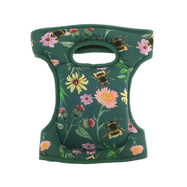 single knee pads in green with floral pattern featuring bees on white background