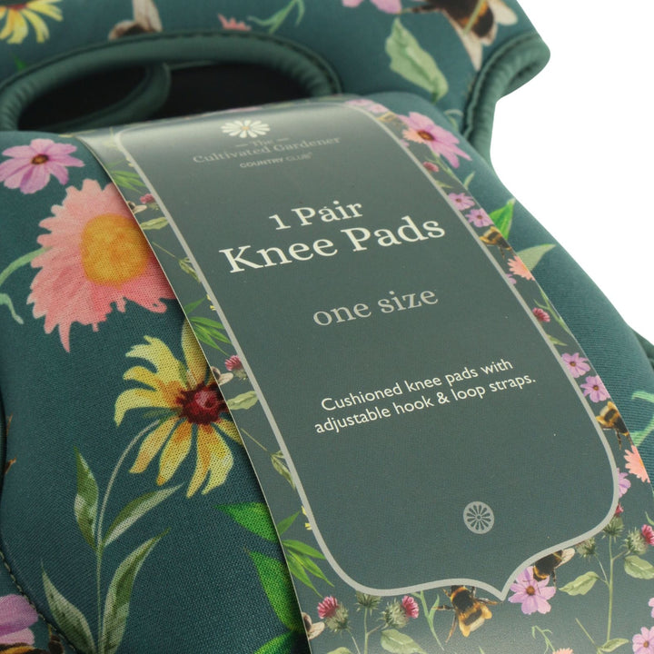 Floral-patterned knee pads with a label indicating &