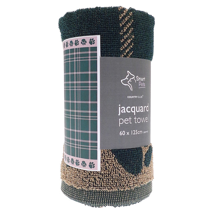 Green tartan Jaquard weave pet towel in packaging