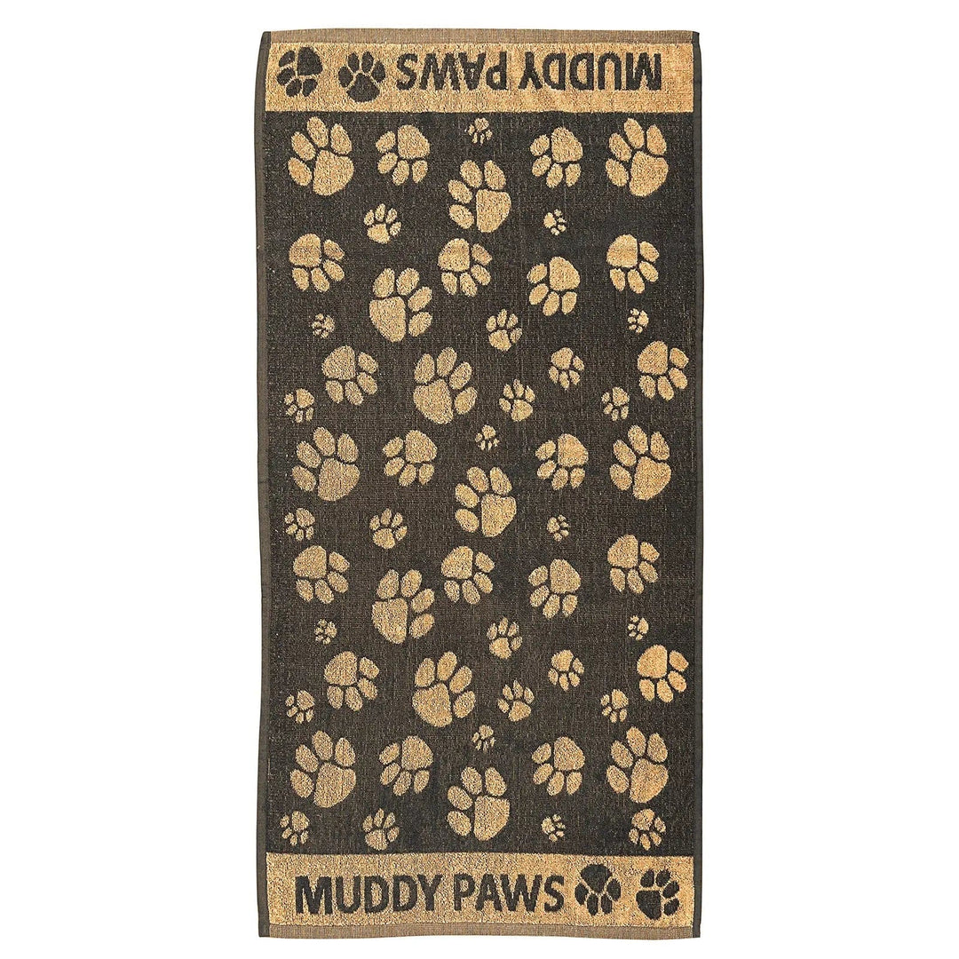 Muddy paws design pet towel in dark grey with tan