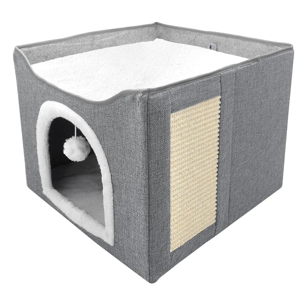 Foldable grey cat house with scratching post on the side, white fleece trim and sleep pads