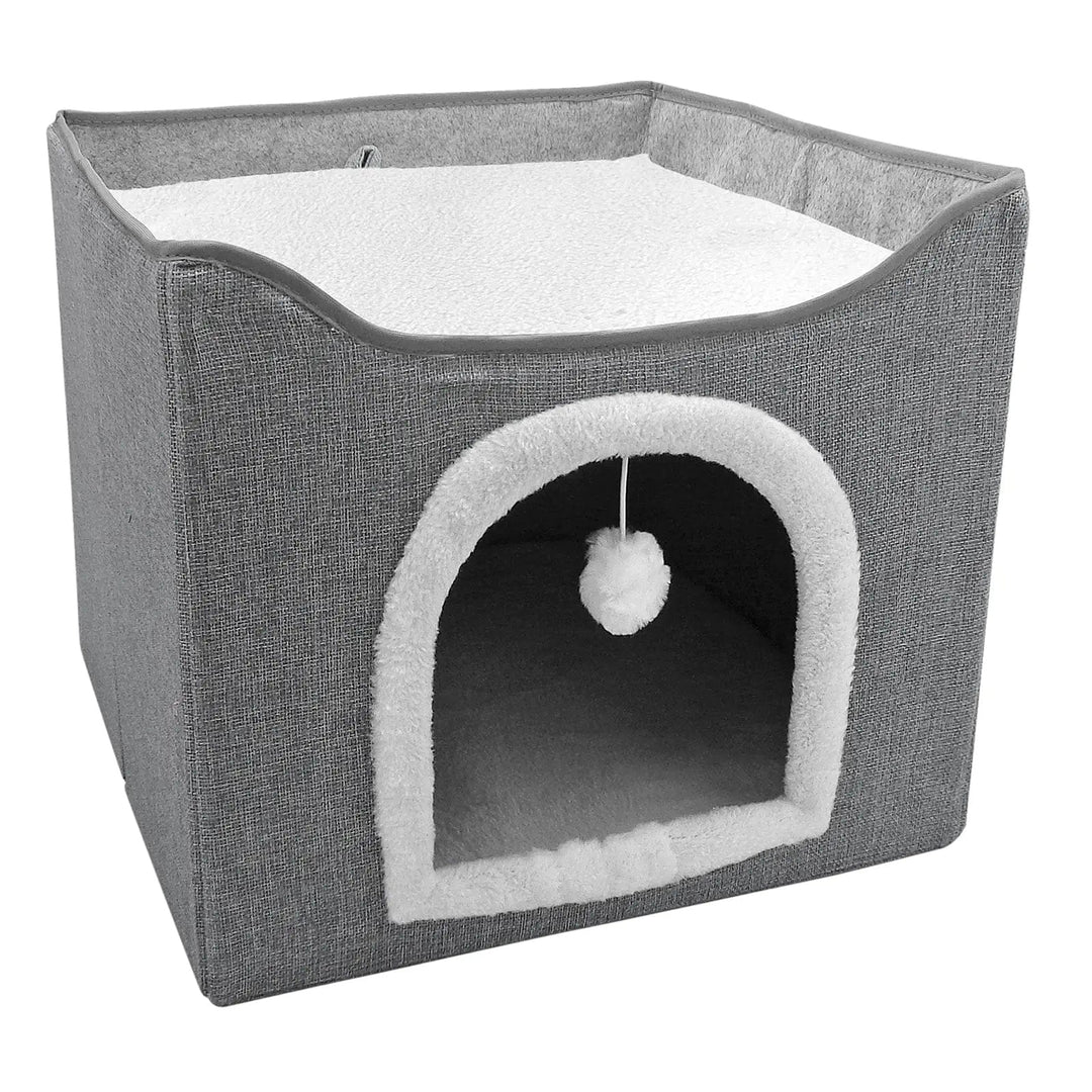 Square cat house in grey with white fleece trim, pom pom and cushion pads