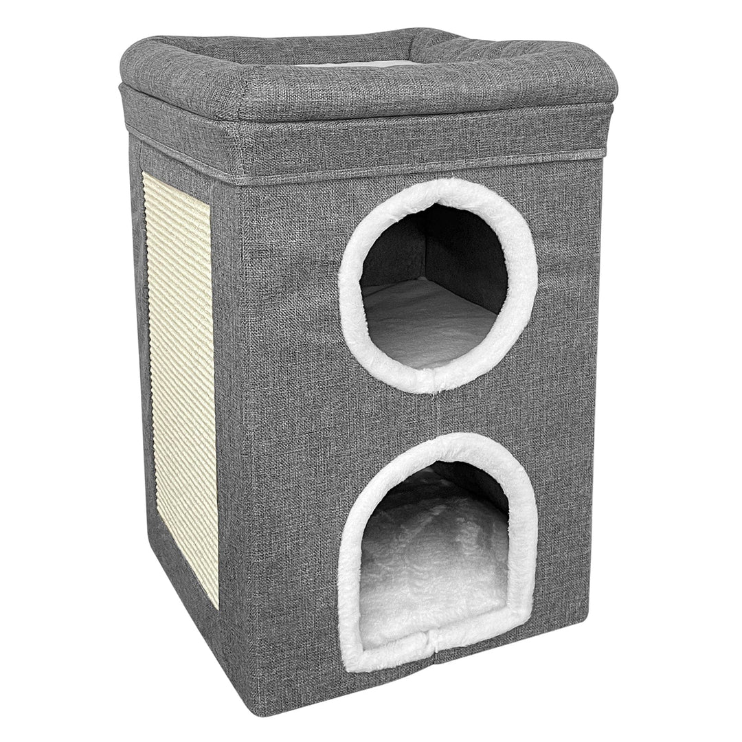 two story cat house with plush white cushioned pads inside