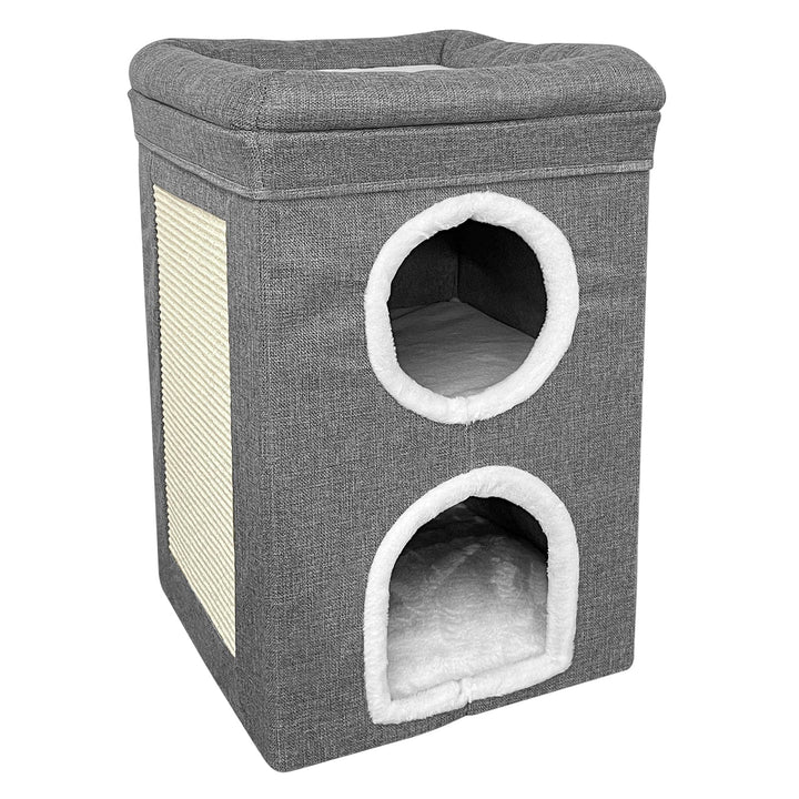 two story cat house with plush white cushioned pads inside