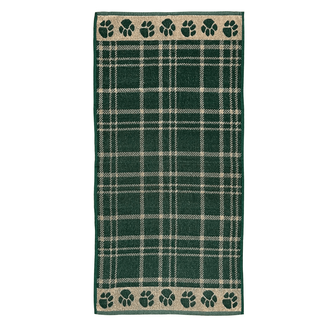 green pet towel with tartan design and paw print pattern on the border on each edge