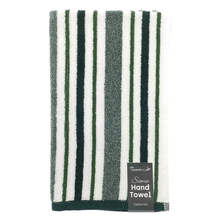Green grey and white striped hand towel with label