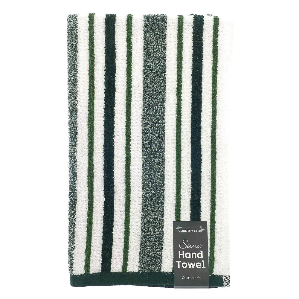 Green grey and white striped hand towel with label