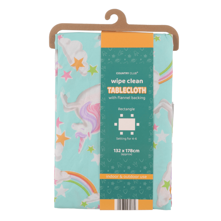 unicorn and rainbow tablecover in packaging with hook