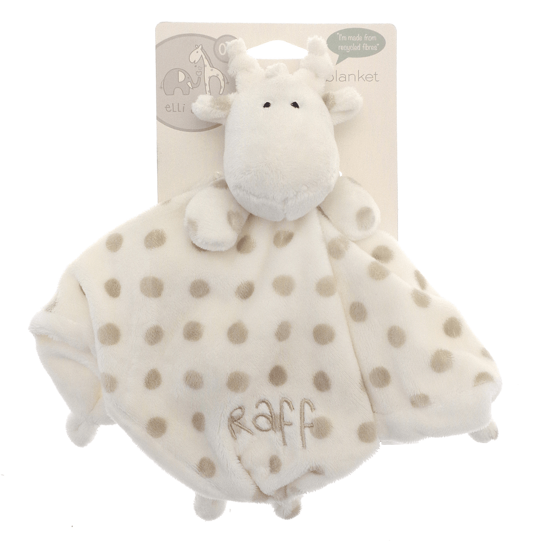 giraffe design baby comfort blanket featuring giraffe print and "raff" embroidered slogan