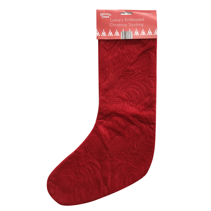 red luxury christmas stocking featuring embossed swirl pattern with cardboard packaging