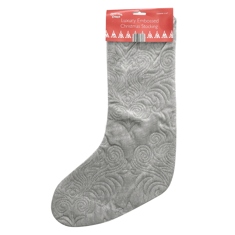 grey luxury christmas stocking featuring embossed swirl pattern with cardboard packaging