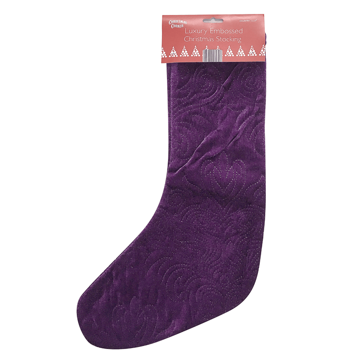 purple luxury christmas stocking featuring embossed swirl pattern with cardboard packaging