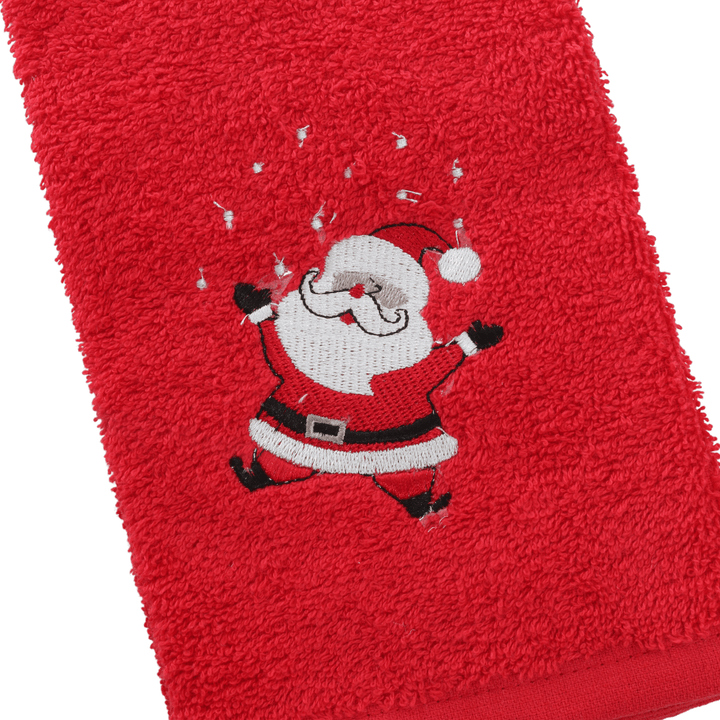 detail shot of santa dancing and signing embroidered character on red festive hand towel