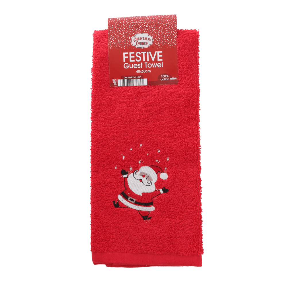 red towel featuring embroidered santa dancing character