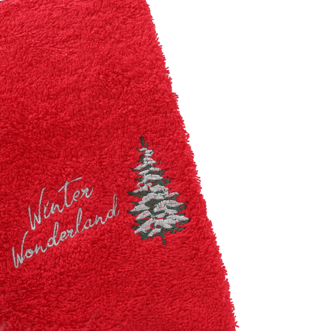 embroidered winter wonderland slogan with red and green Christmas tree