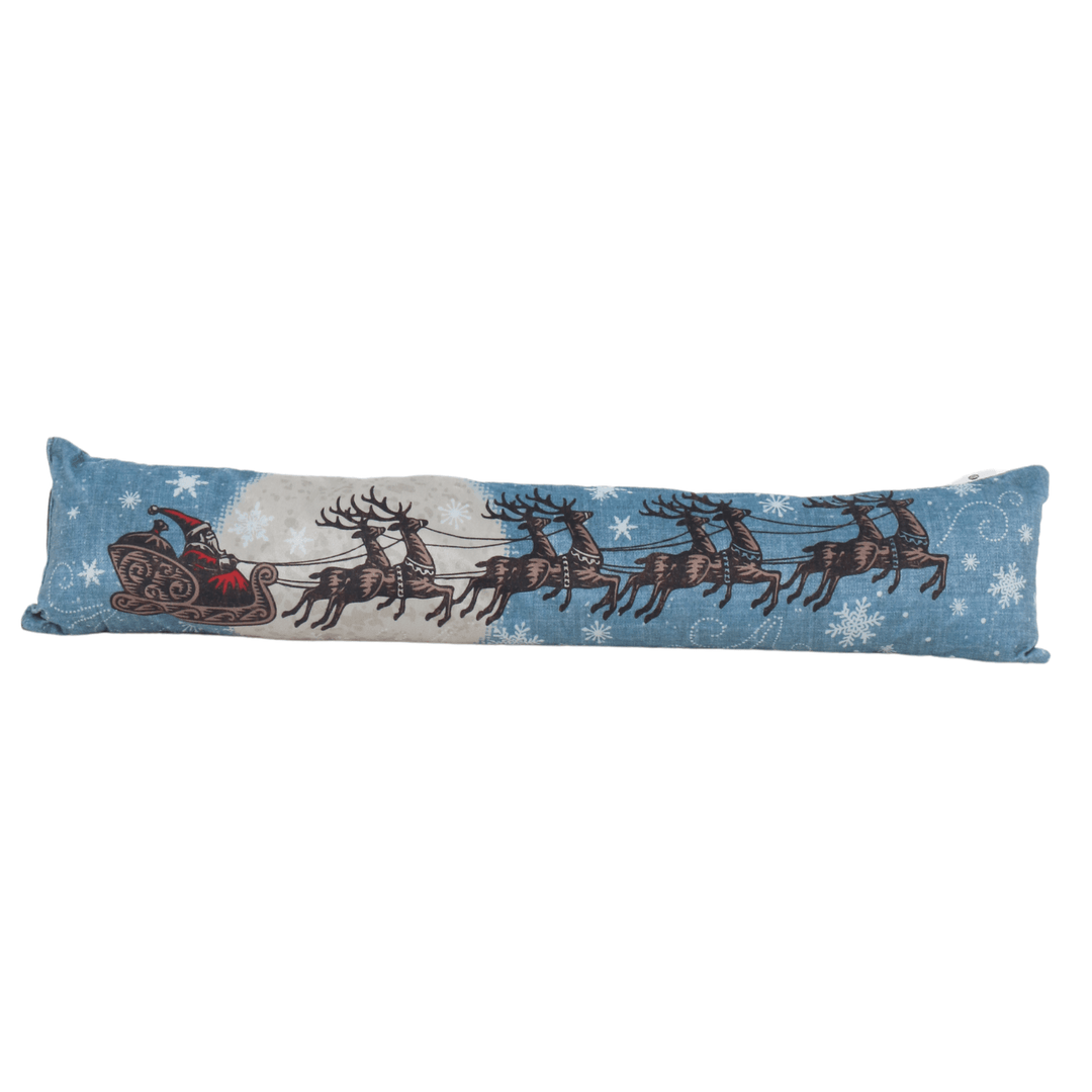 blue draught excluder featuring santa sleigh with reindeers in night sky