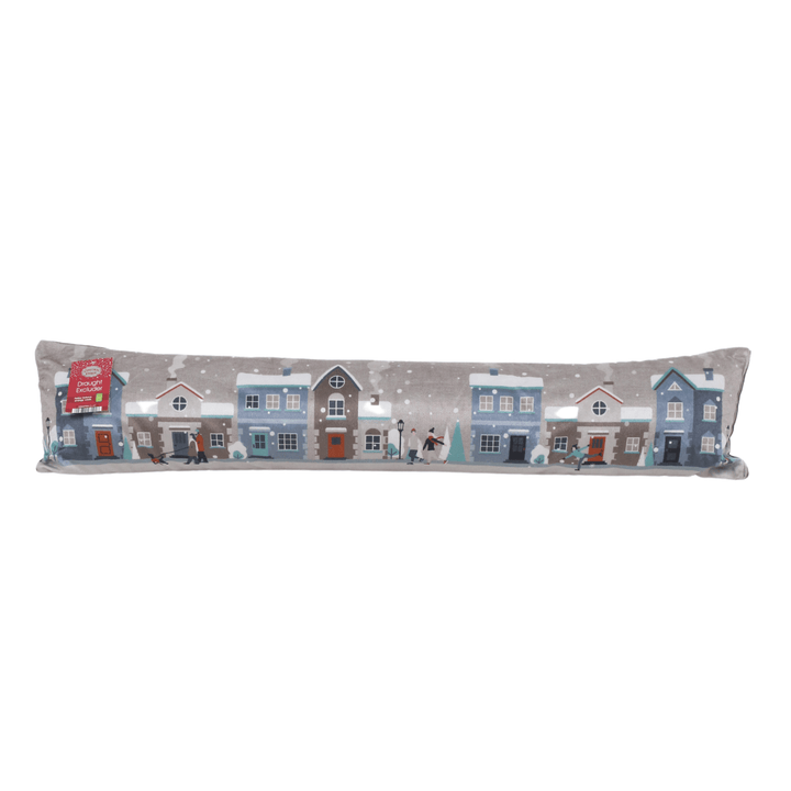 natural colour draught excluder featuring cosy christmas snowy street scene