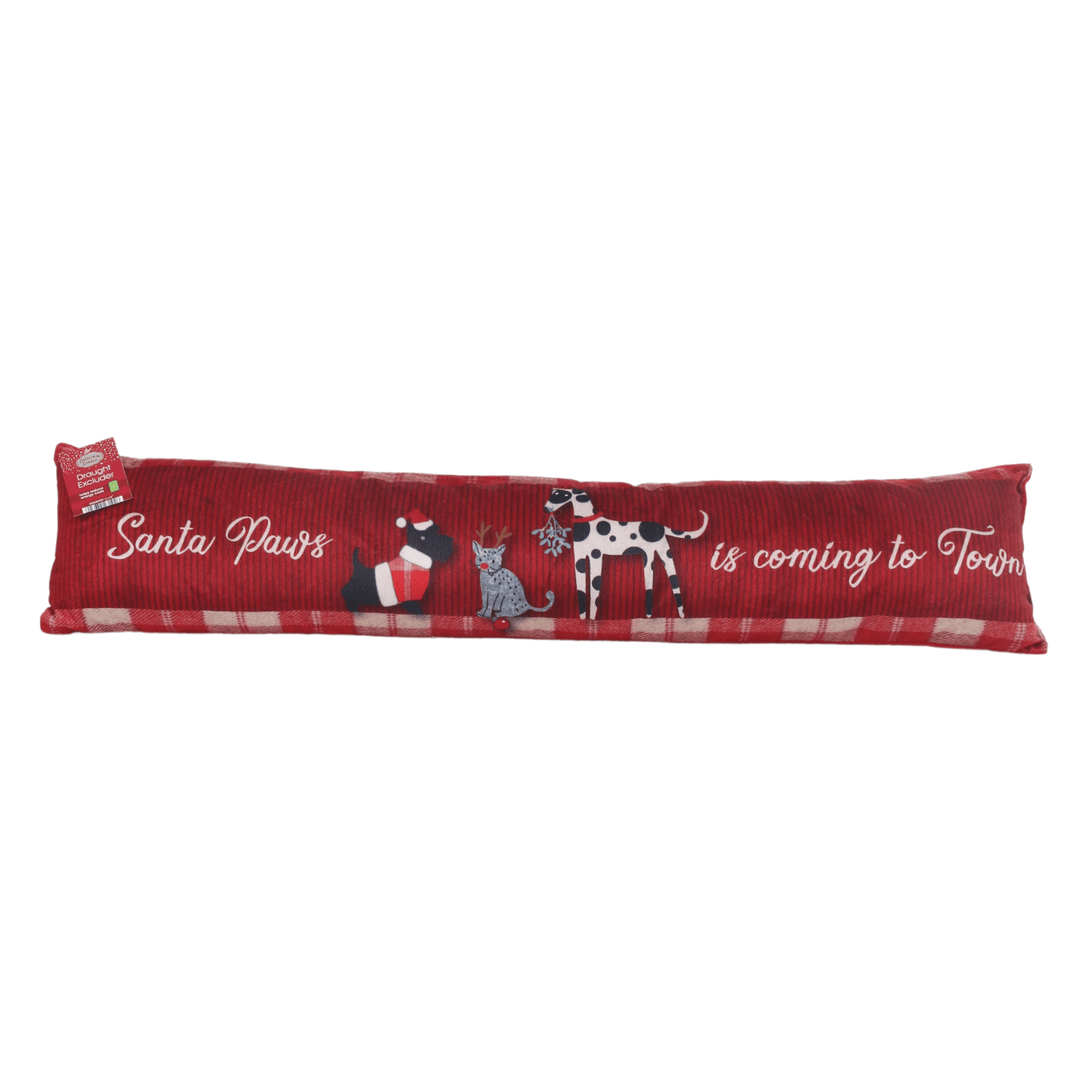 red draught excluder featuring santa paws is coming to town text with cute cat and two dogs