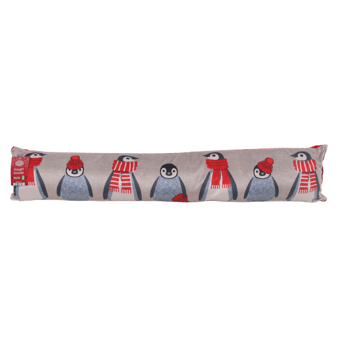 natural colour draught excluder featuring 7 penguins wearing winter accessories