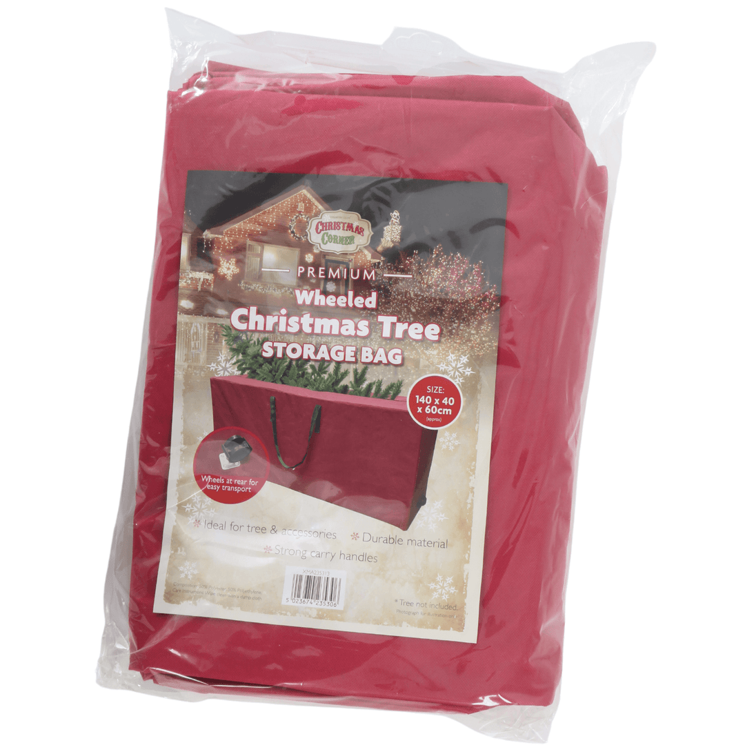 wheeled christmas tree storage bag in packaging with label showing features