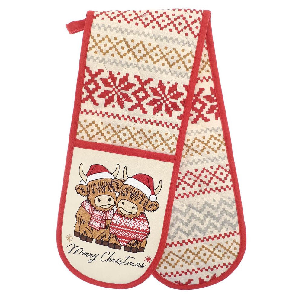 Christmas double oven glove with Highland cows in Christmas jumpers design