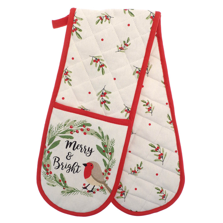 Christmas doubel oven glove with Robin and Merry &amp; Bright slogan