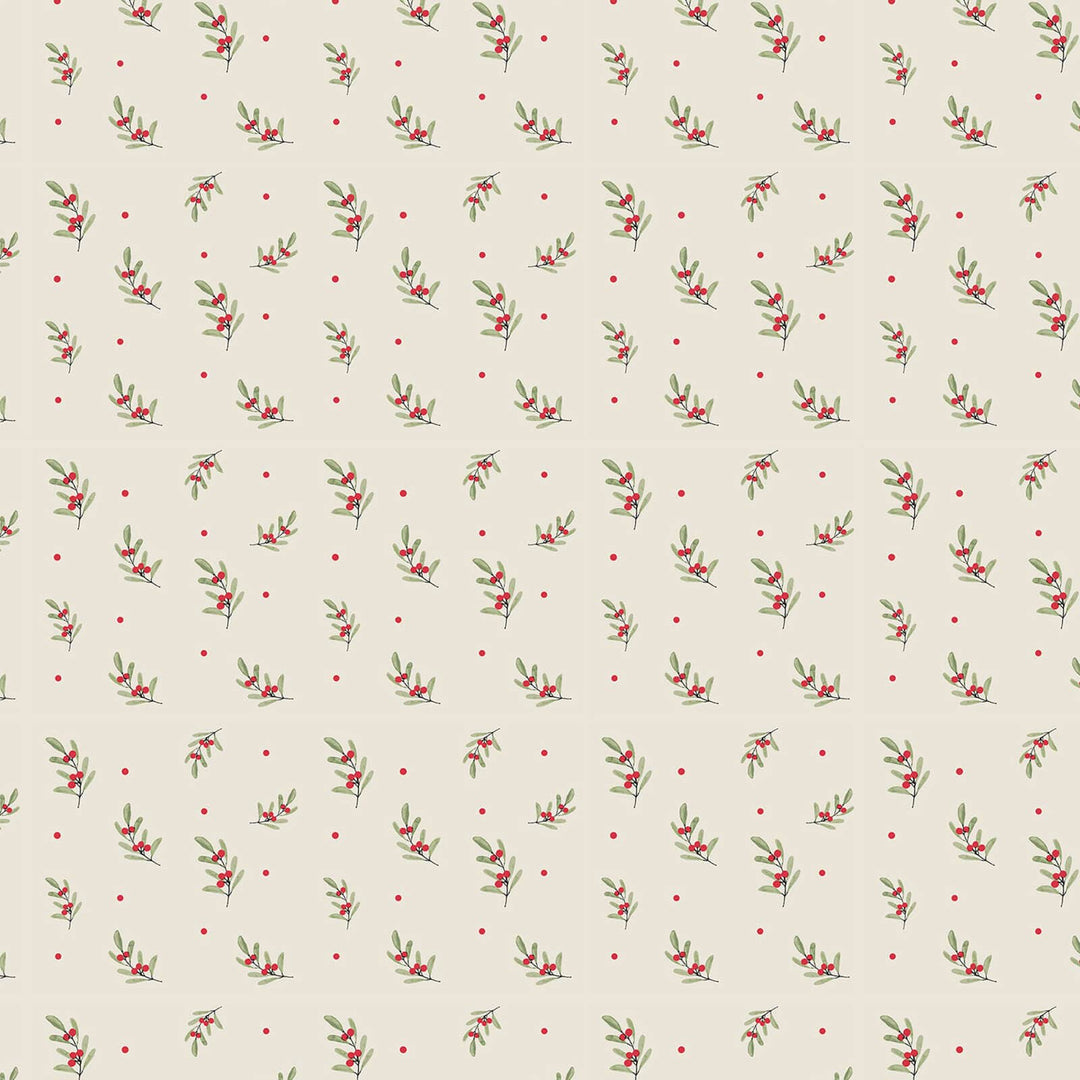 Pattern of small red berries and green leaves on a beige background