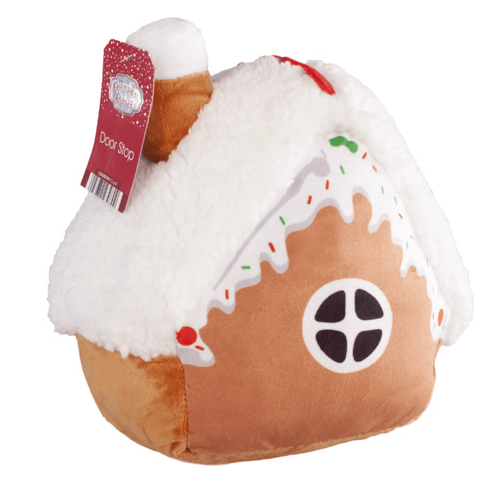 back view of door stop with red and green sprinkles and icing design, small rounded window with red christmas corner, country club branded hang tag