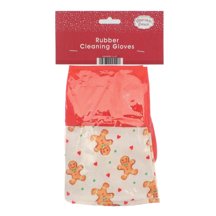 Packaged rubber cleaning gloves with gingerbread man design on a white background