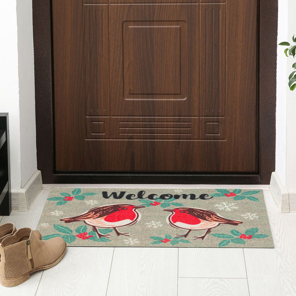 Doormat with robin design and 'Welcome' text in front of a wooden door.