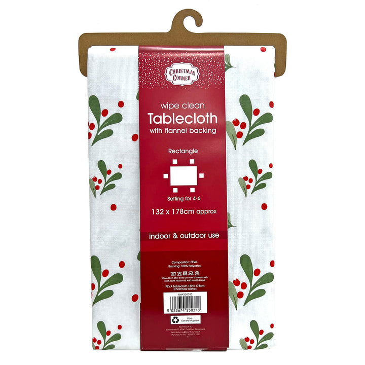 Back of packaging of a Christmas tablecloth with mistletoe and red berries design