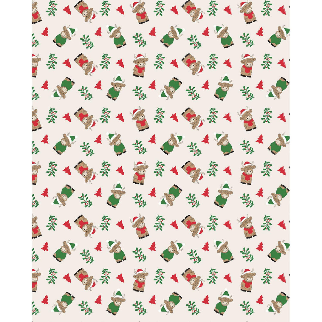 Highland cows with green and red Christmas hats pattern blanket on a cream background