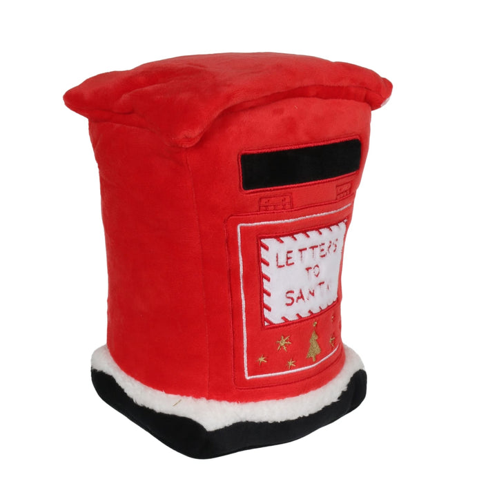 A red plush Christmas mailbox, with a black top slot, a white patch reading 'LETTERS TO SANTA,' and a black-and-white faux fur trim at the base, shown on a plain white background.